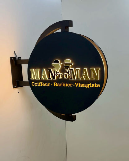 Luxury Golden Steel Rotating LED Sign – Round Flange Sign Board for Premium Shops