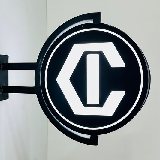 Rotating LED Acrylic Flange Sign Board – Custom Vinyl Cut Round Board for Shops in Pakistan.